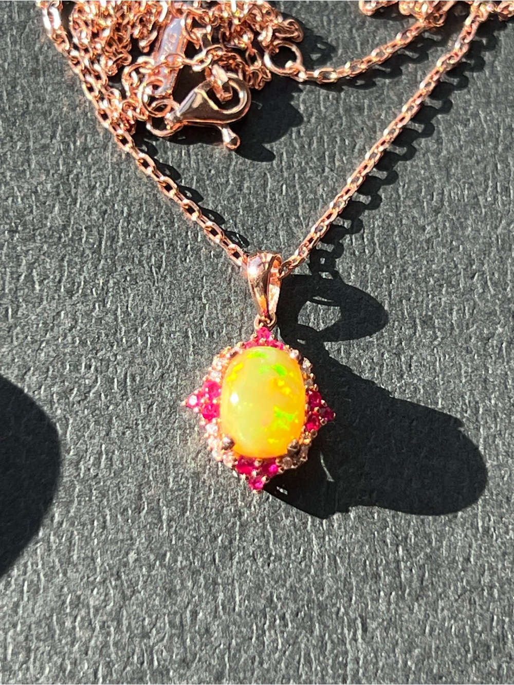 Rose Gold Opal Pendant Necklace with Rubies and Diamond’s in 10k - Picture 7 of 17